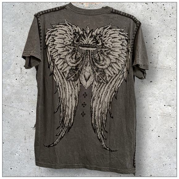 Vintage Affliction RAW STATE Fleur de Lis Wings Gray Shirt Black Stitch Detail M - Picture 2 of 6